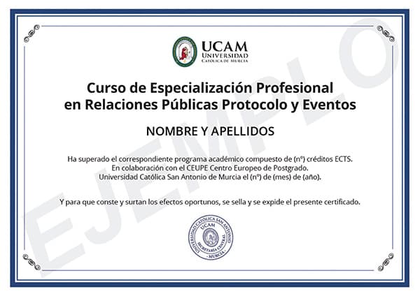 Diploma de Curso de Protocolo y Eventos Online